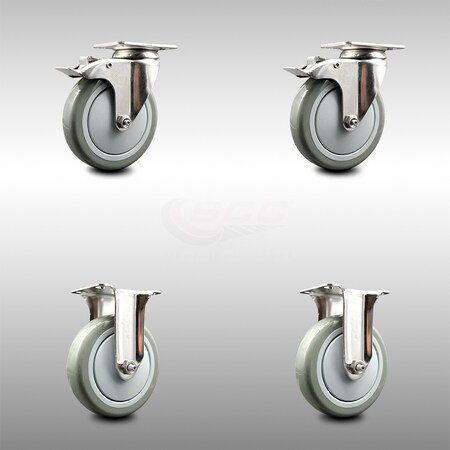 Service Caster 5 Inch 316SS Gray Polyurethane Swivel Top Plate Caster Lock Brake 2 Rigid, 2PK SCC-SS316TTL20S514-PPUB-2-R-2